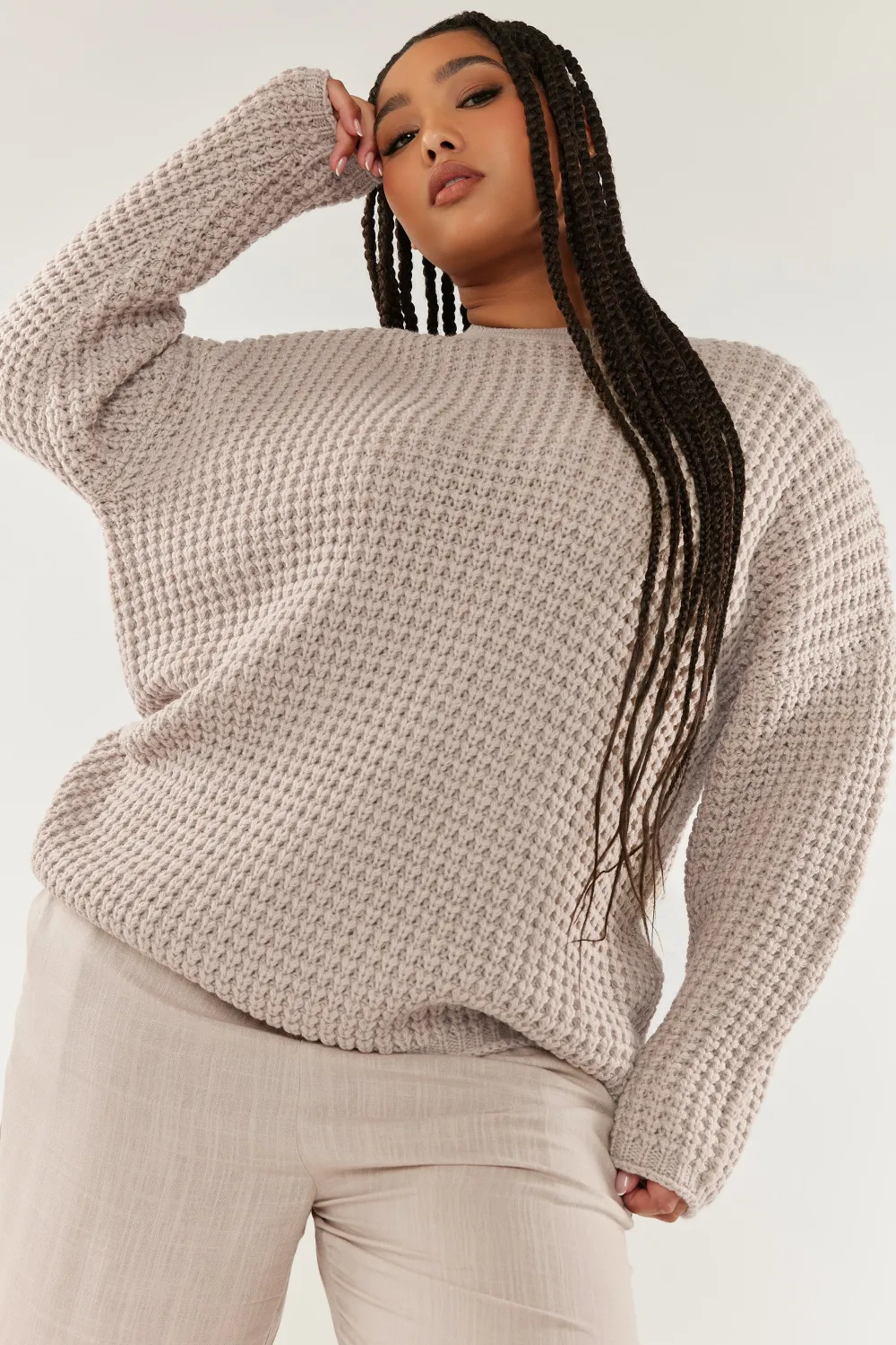 YOURS Curve Stone Brown Waffle Knit Jumper