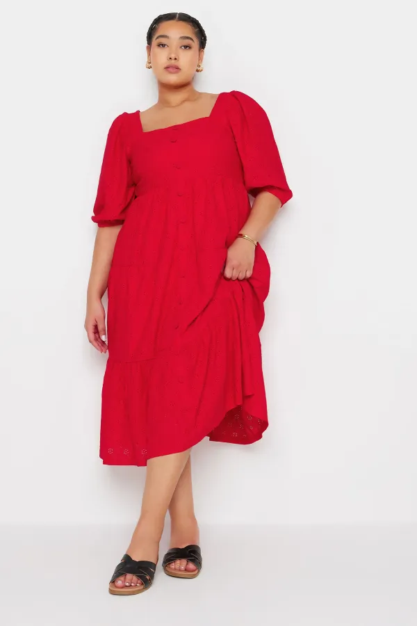 YOURS Curve White Broderie Anglaise Button Front Dress
