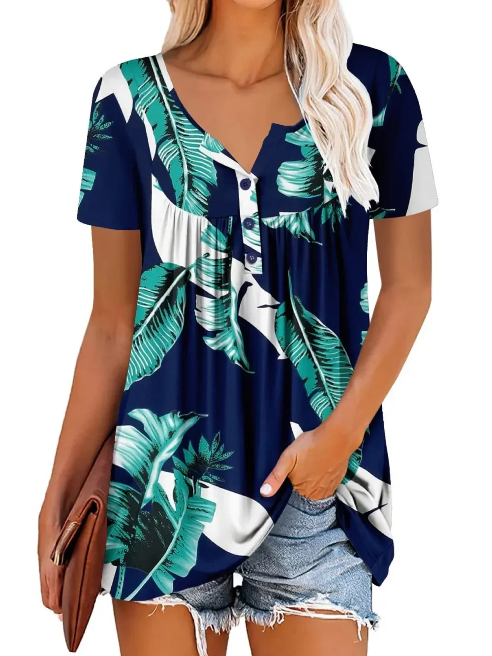 ✨Women's Printed Botton Down Pleated Short Sleeve Shirts Tunic Tops