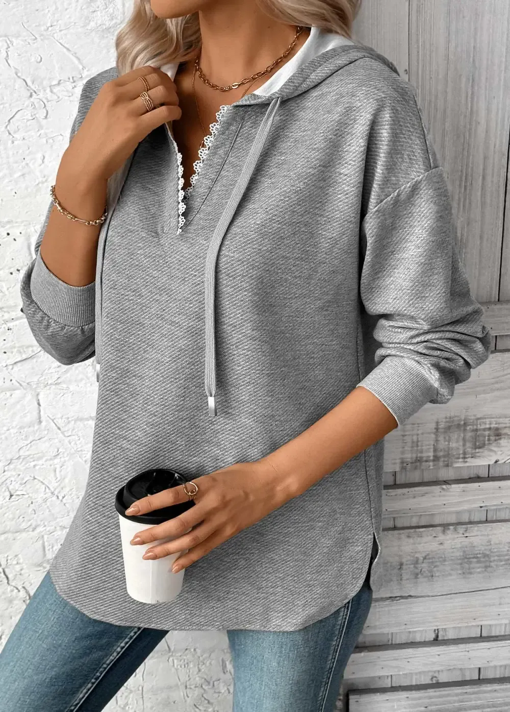 Grey Embroidery Jacquard Long Sleeve Hoodie