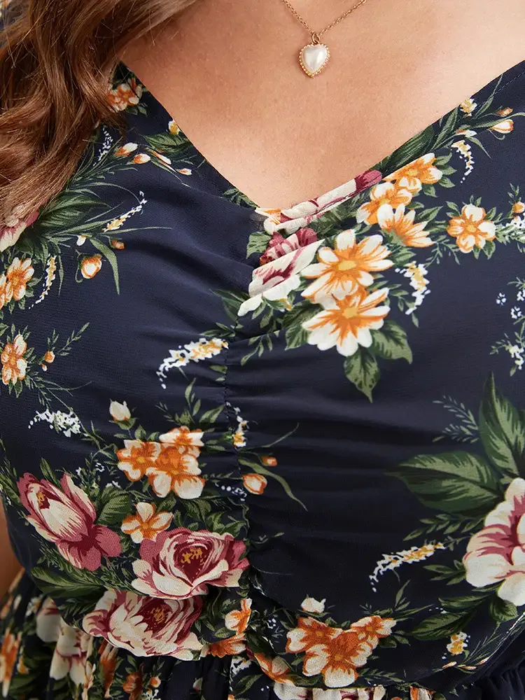 Floral Print Ruched Pocket Frill Trim Ruffle Arc Hem Dress