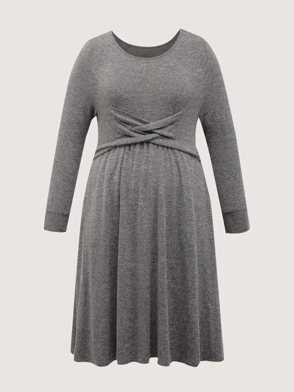 Crossover Waist-Defining Round Neck Midi Dress