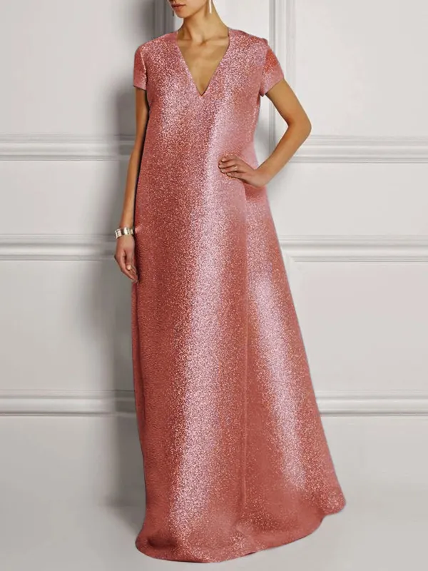 Solid Silver Shift Glitter-finished Elegant Prom Maxi Dress
