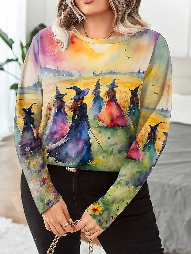 Women's Halloween Sweatshirt Pullover Witch Halloween Print Yellow Casual Crew Neck Long Sleeve Top Micro-elastic Spring Fall & Winter