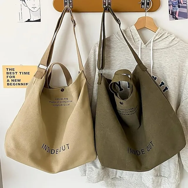 Casual Large-capacity Fashion Shoulder Bag Alphabet Print Zipper Trendy Handbag With Adjustable Strap Women Canvas Shoulder Bag Fashion Big Tote Khaki Black Green