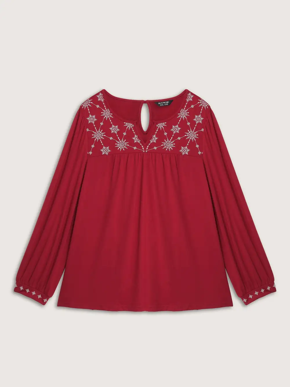 Holiday Embroidered Neckline Pleated Knit Top