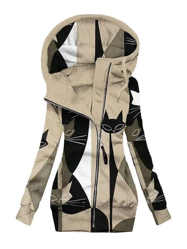 Women's Zip Hoodie Sweatshirt Sports Basic Neon & Bright Drawstring Zip Up Front Pocket Black White Blue Graphic Floral Cat Street Casual Hoodie Long Sleeve Top Micro-elastic Fall & Winter