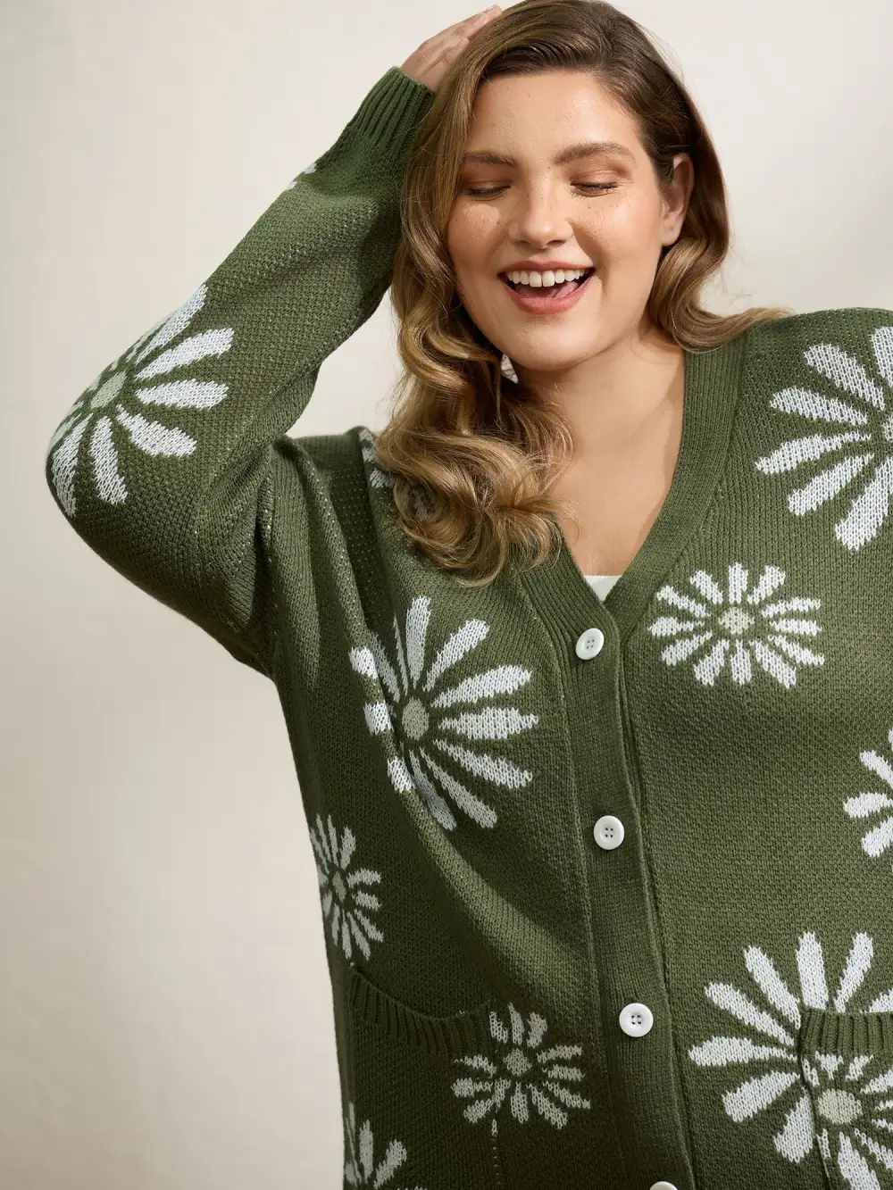 Floral Jacquard Button Pockets Knit Cardigan