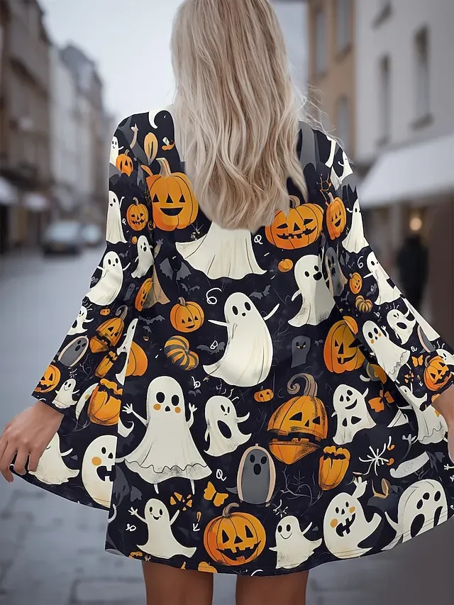Halloween Women's Coat Lightweight Comfortable Pumpkin Print Vintage Artistic Casual Skull Casual Long Collarless Regular Fit Long Sleeve Outerwear Black White Pink Spring Fall