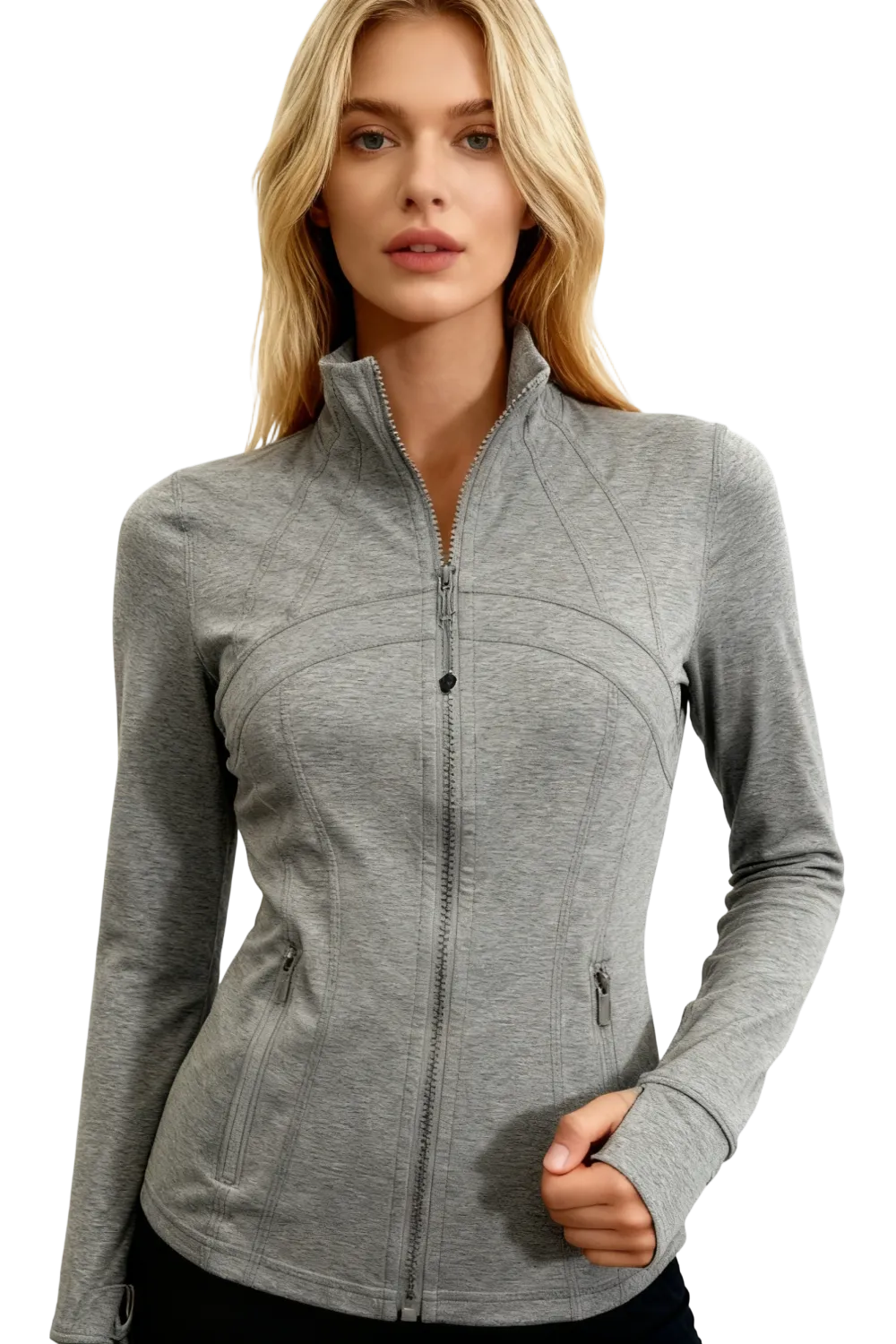 Women's long-sleeved, full-zip design, sun-protective sportswear.