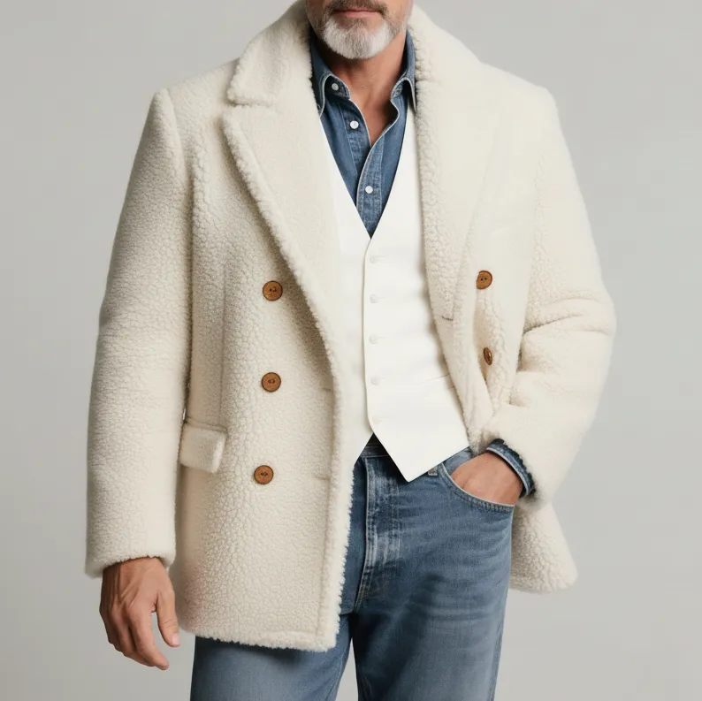 Men's White Teddy Fleece Lapel Collar Long Sleeve Double Breasted Blazer