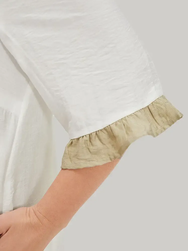 Color Block Contrast Pocket Pleated Knot Neck Dress