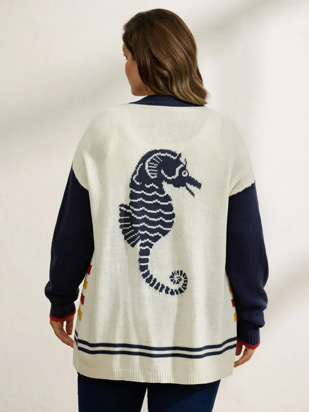 Colorful Stripe Seahorse Motif Jacquard Knit Cardigan