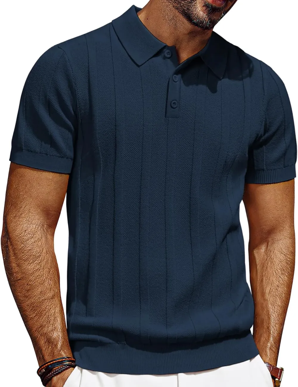 CLEARANCE SALE🔥Mens Polo Shirts Short Sleeve Textured Knit Polo Shirt Ribbed Casual Golf Shirts