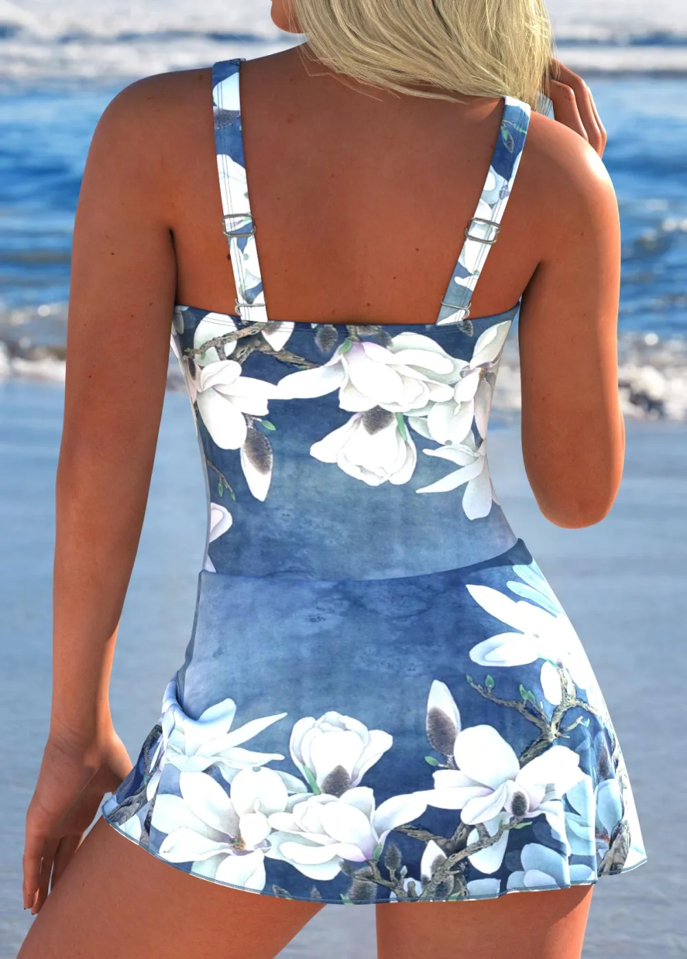 Tie Denim Blue Floral Print One Piece Swimdress