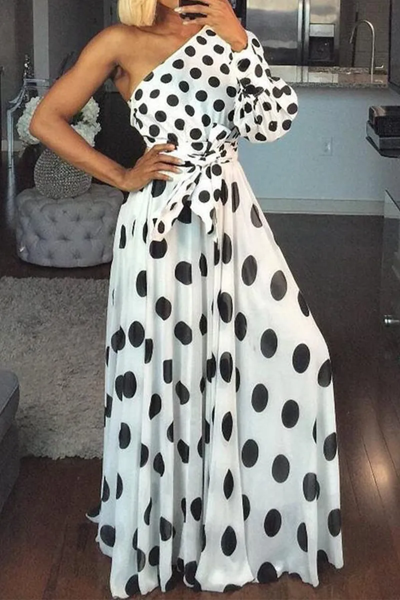 Casual Dot Patchwork One Shoulder Waist Skirt Dresses