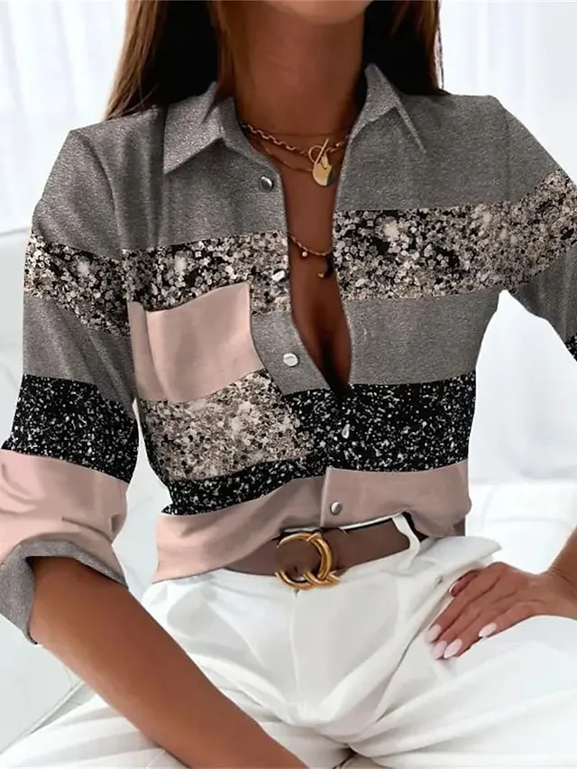 Women's Shirt Blouse Color Block Button Print Casual Basic Long Sleeve Shirt Collar Black Spring Fall