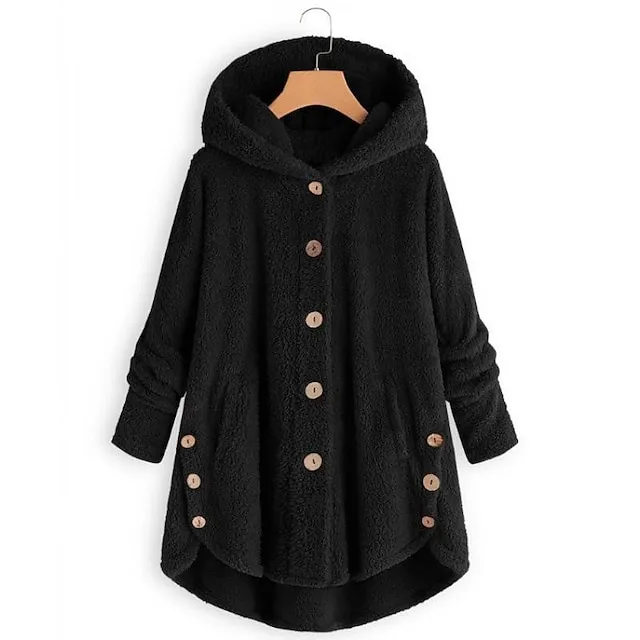 Women's Fleece Jacket Fleece Sports Pullover Sherpa Fleece Button Front Pocket claret turmeric Black Solid Color Street Casual Hoodie Plus Size Long Sleeve Top Fleece lined Micro-elastic Fall & Winter