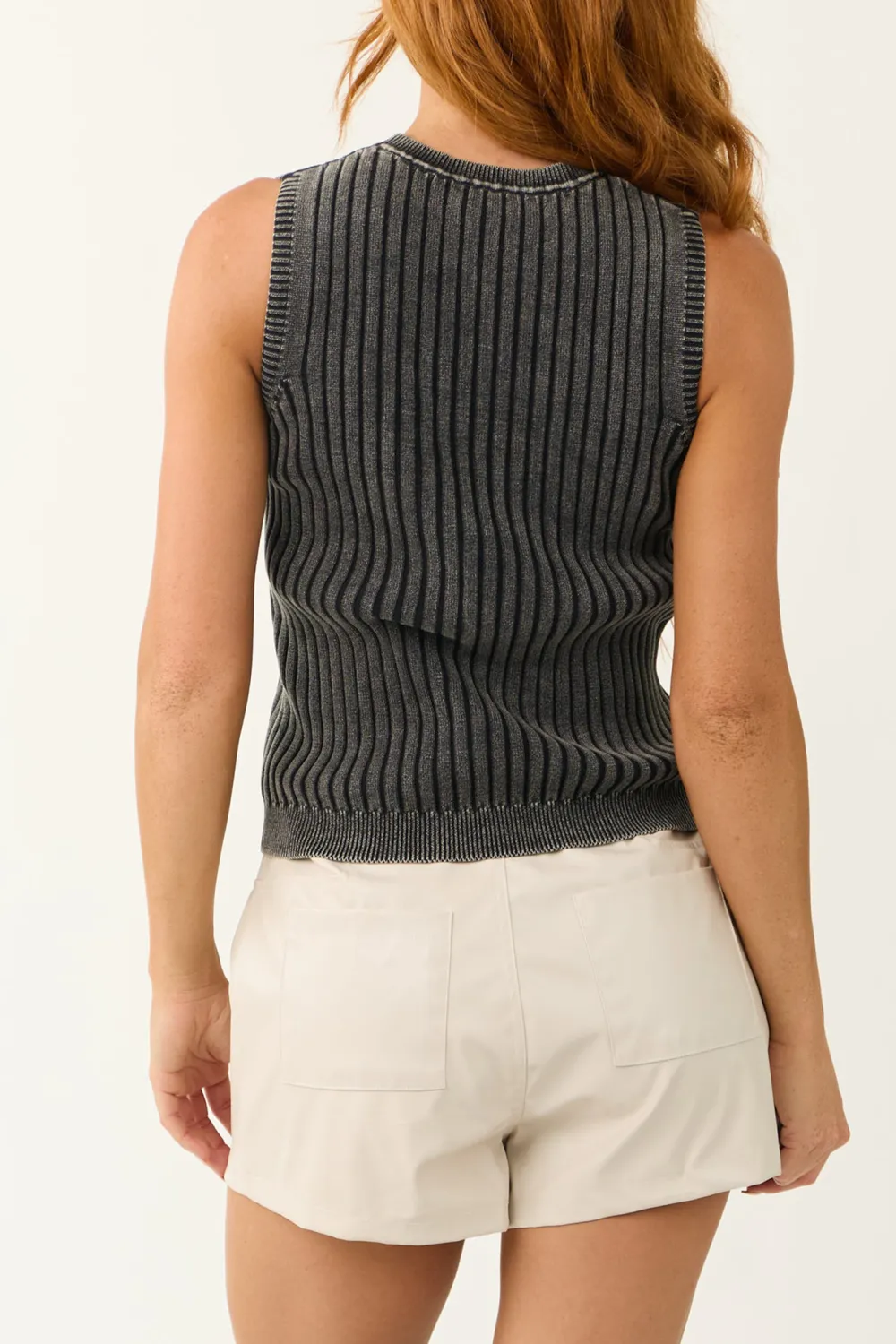 Charcoal Ribbed Knit Sleeveless Fitted Top