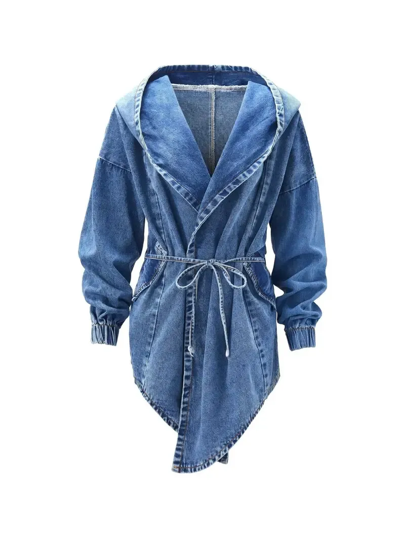 Stylish Denim Hooded Jacket - Elastic Band Cuff, Belted Closure, Non-Button Design, Comfortable Fit