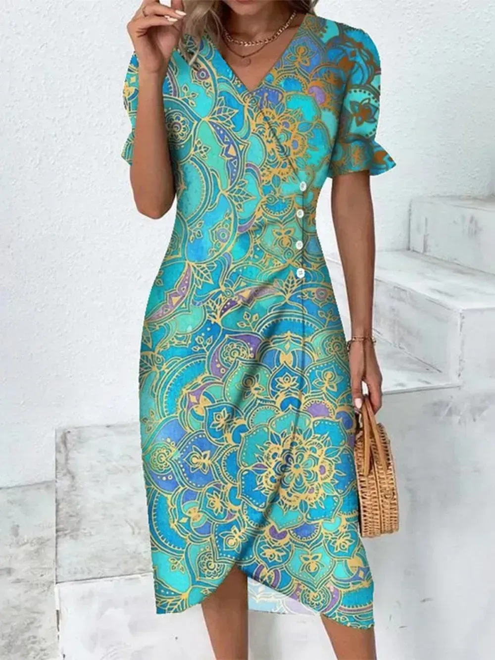 Ethnic V Neck Elegant Dress