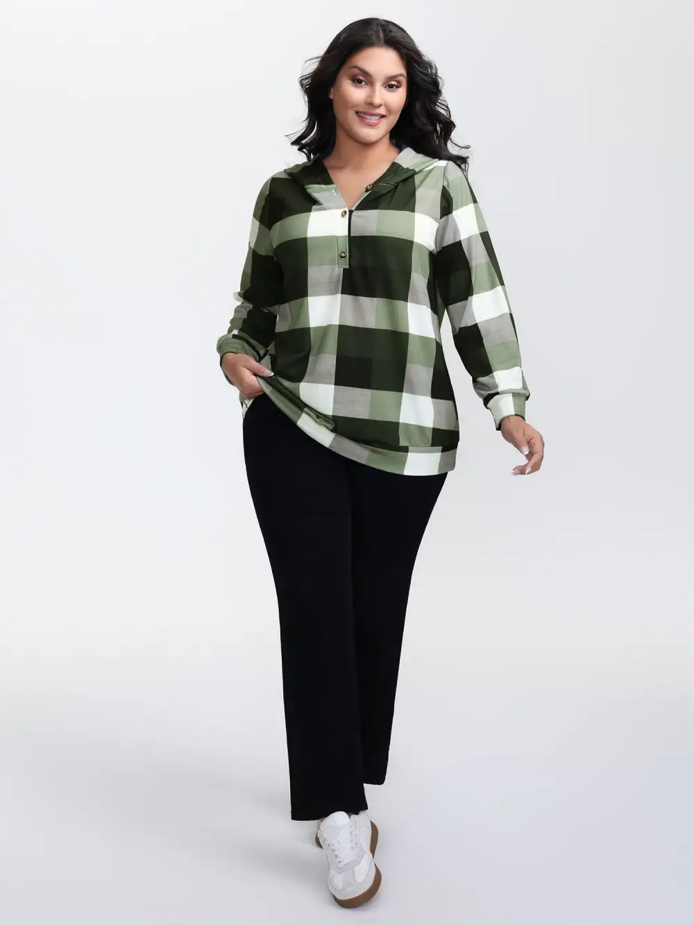 Checkered Print Button Hoodie