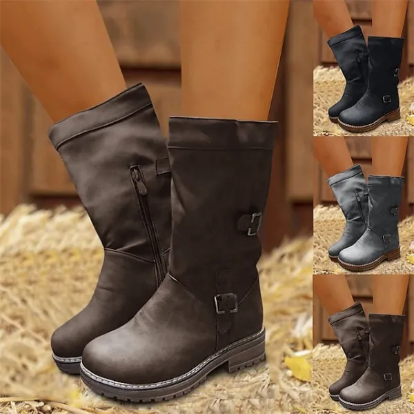 Women's Boots Plus Size Outdoor Daily Mid Calf Boots Buckle Chunky Heel Round Toe Vintage Minimalism Industrial Style PU Zipper Solid Color Black Brown Gray