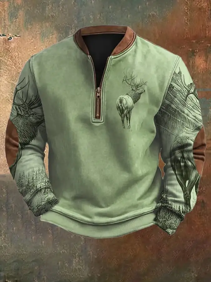 Men's Vintage Western Elk Silhouette Print Zip-Neck Sweatshirt