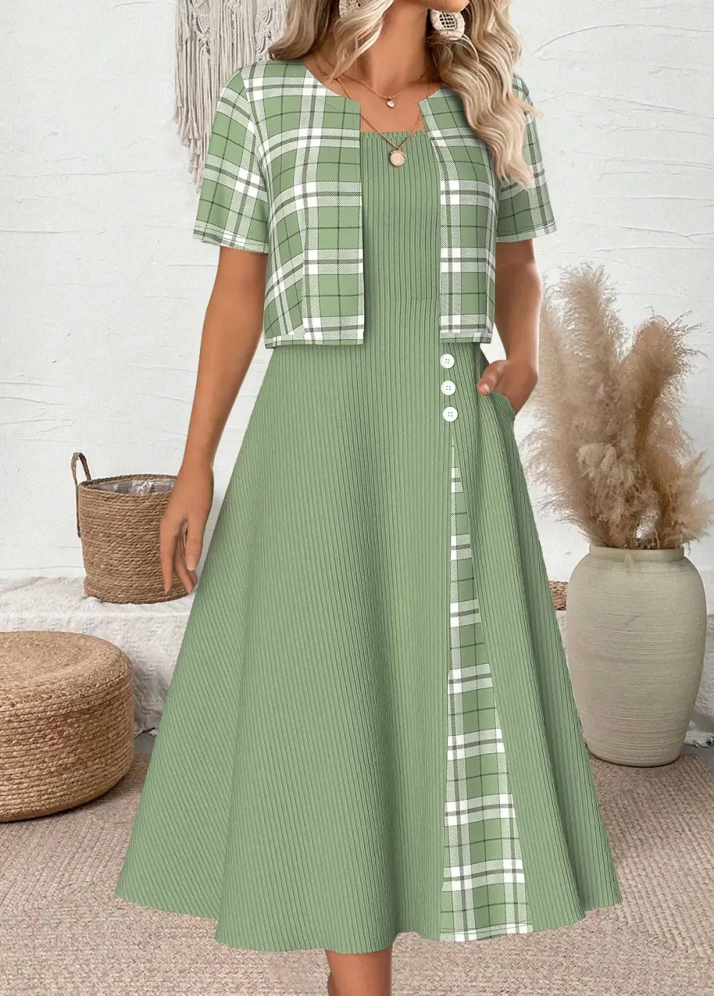 Light Green Plaid 3/4 Sleeve Dress and Cardigan
