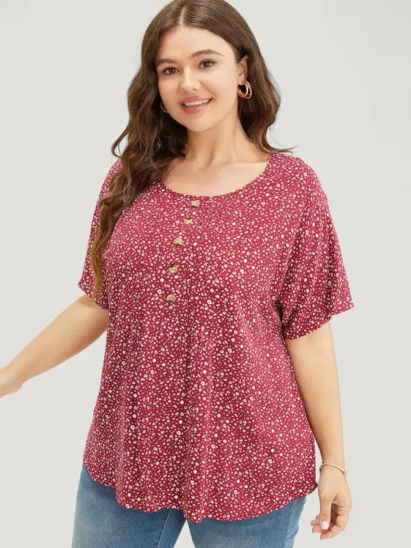 Ditsy Floral Pleated Front Button Detail Blouse