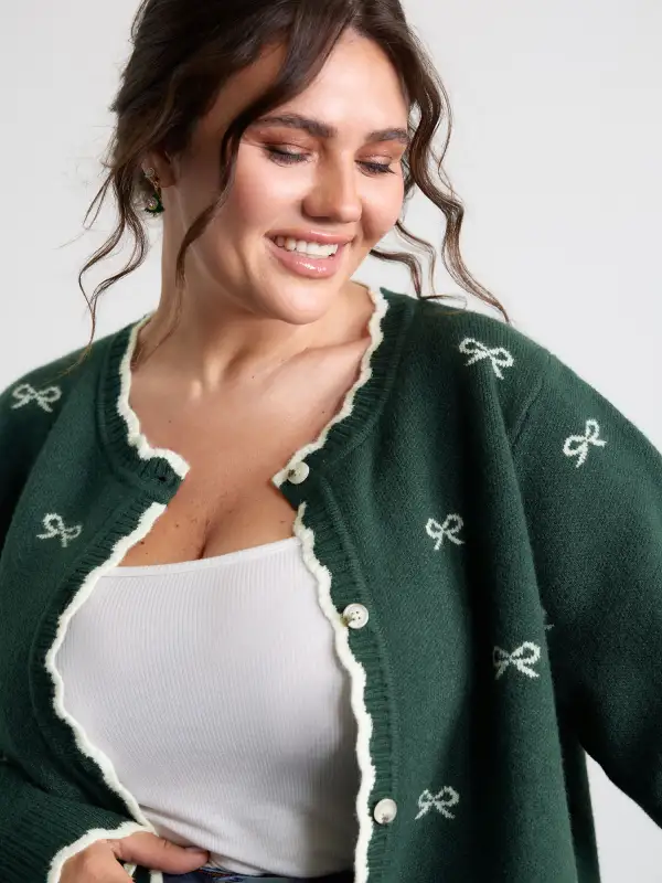 Bowknot Jacquard Wavy Edge Knit Cardigan