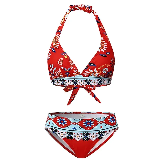 Women's Bikinis 2 Piece Sets Swimsuit Backless Halter Sexy Boho Floral Print Summer Beach Wear Bathing Suits