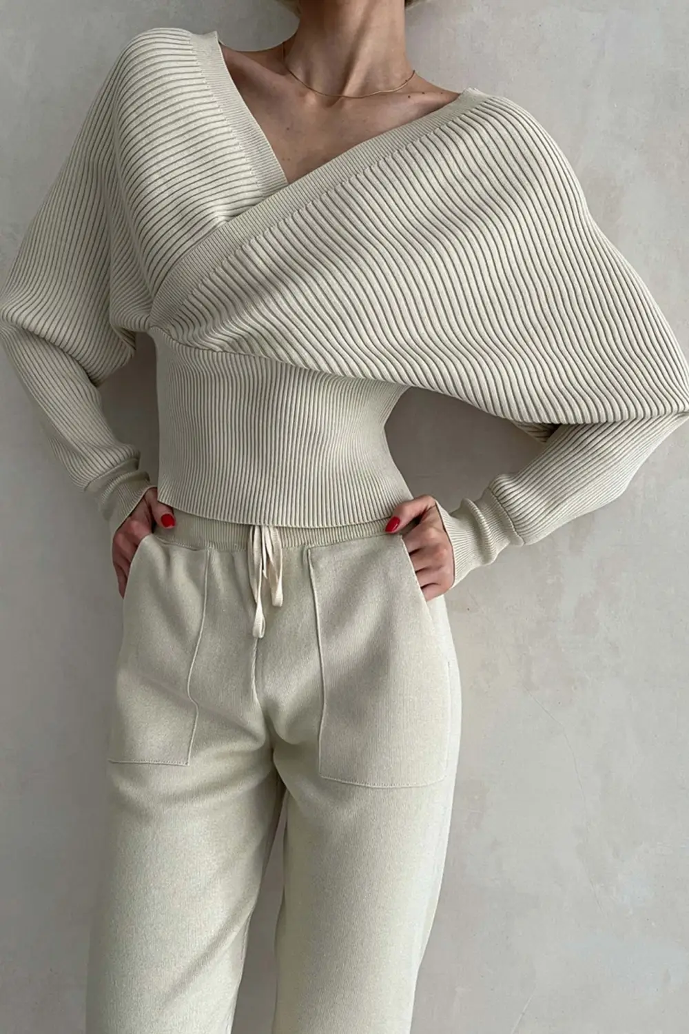 Dolman Sleeves Off Shoulder Ribbed Knit Sweater Pants Suits