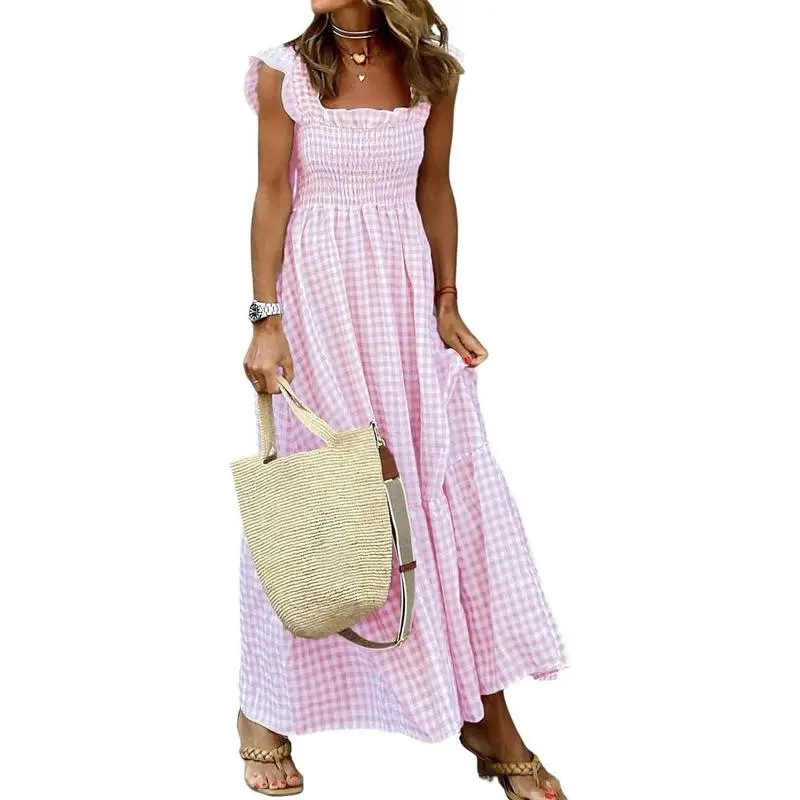 Women's Retro Plaid Smocked Flounce Maxi Dress – Spaghetti Strap