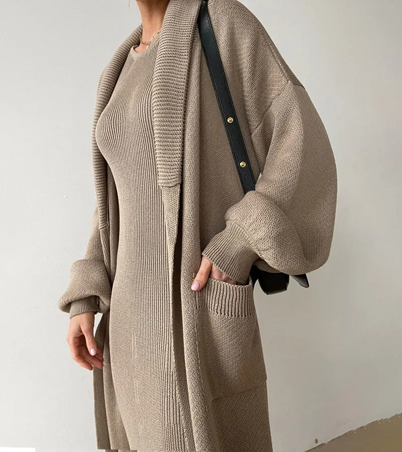 Elegant Long Sweater Dress & Cardigan Coat Two Pieces Set