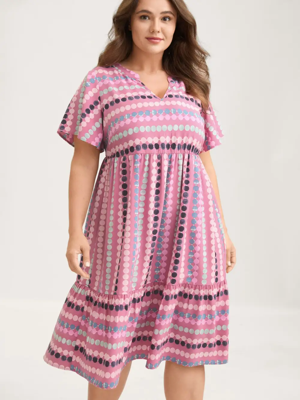 Dot Print Elastic Waist Split Neck Midi Dress