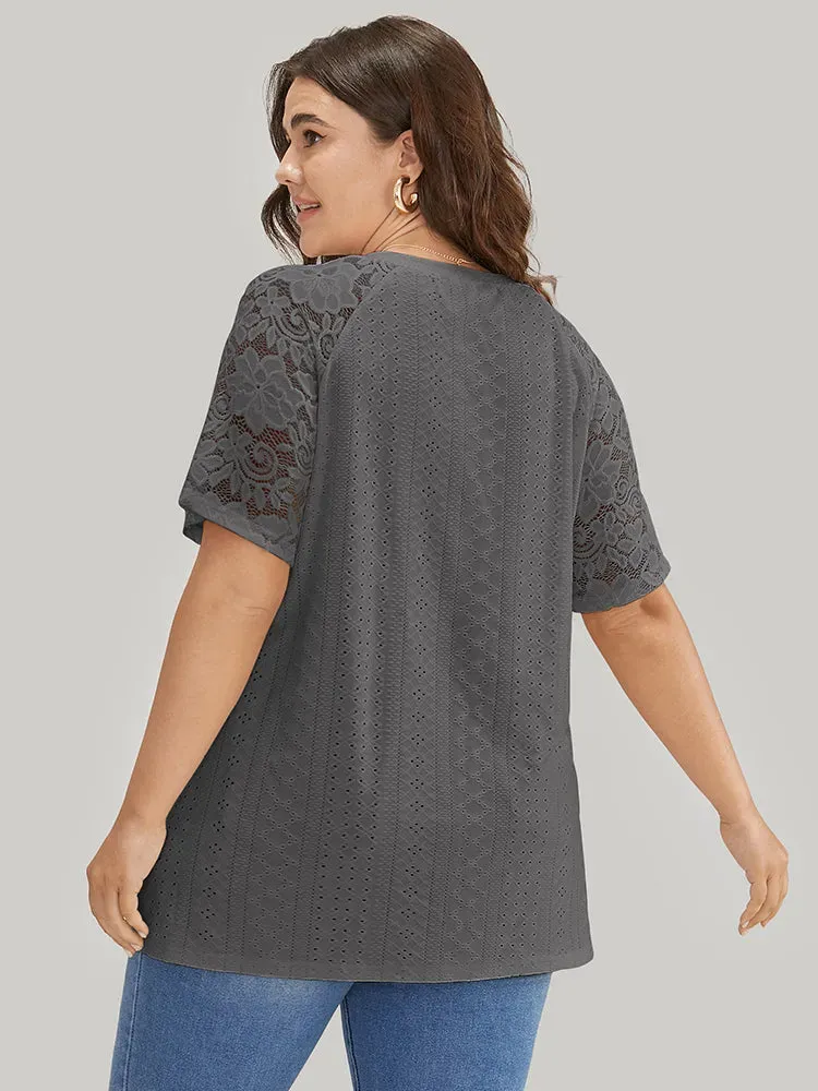 Solid Broderie Anglaise Lace Raglan Sleeve T-shirt