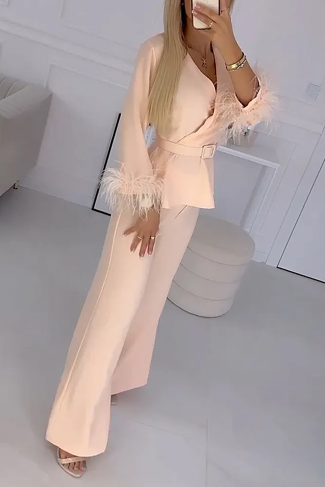Women's solid color hair top and pants two-piece set