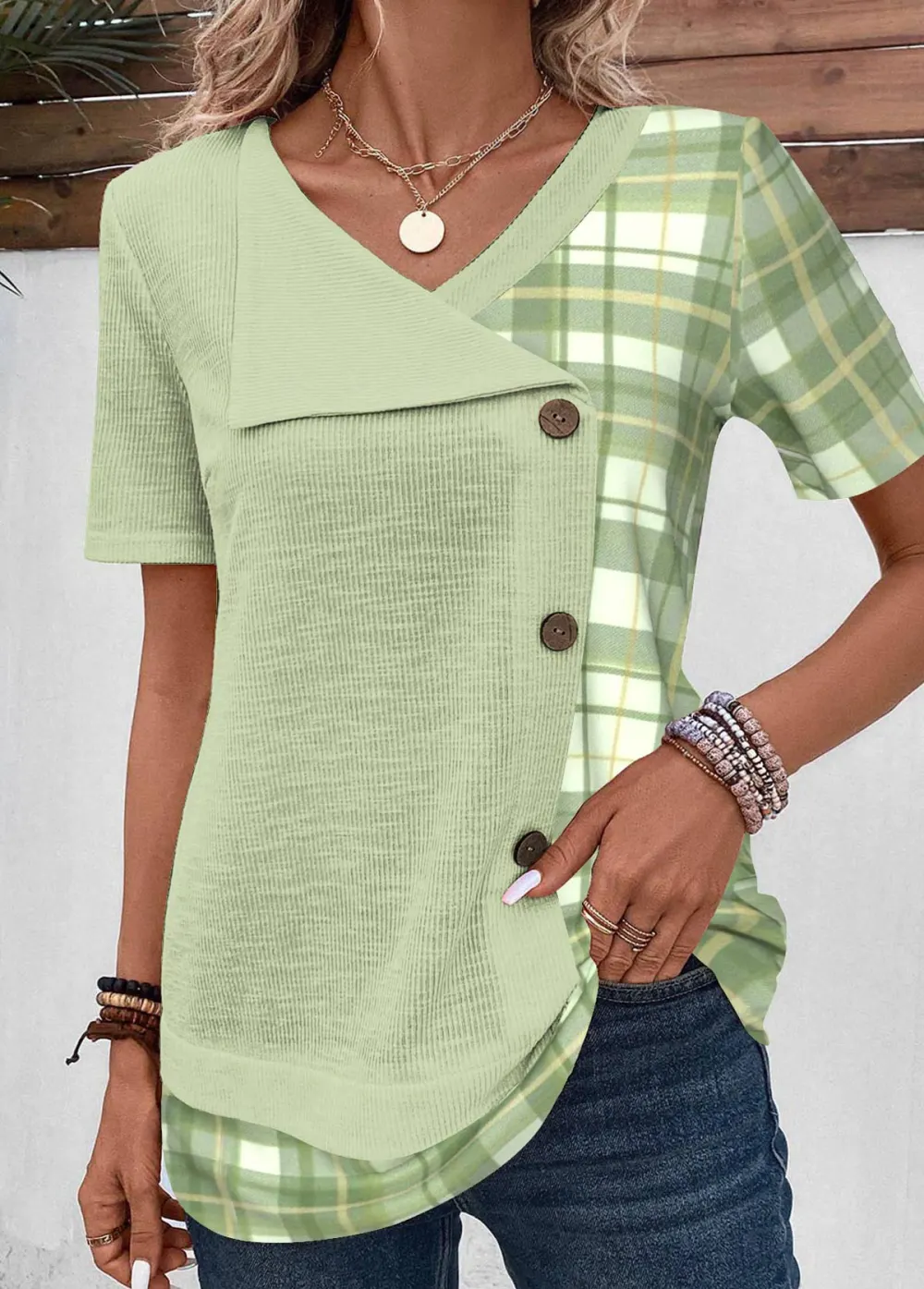Patchwork Floral Print V Neck T Shirt