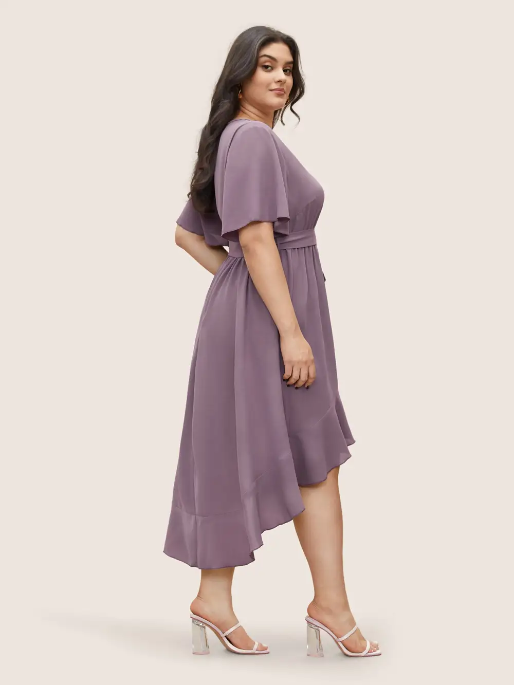Bloom Dress - Solid Tie Surplice Ruffle High Low Dress