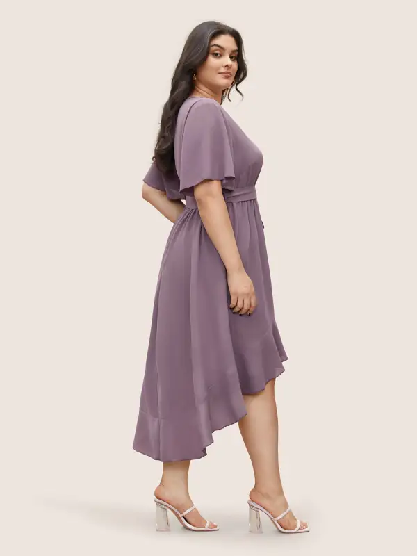 Bloom Dress - Solid Tie Surplice Ruffle High Low Dress