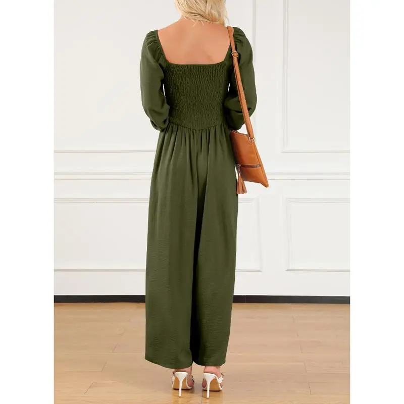 Women's Casual Loose Long Sleeve Wide Leg Jumpsuit with Pockets