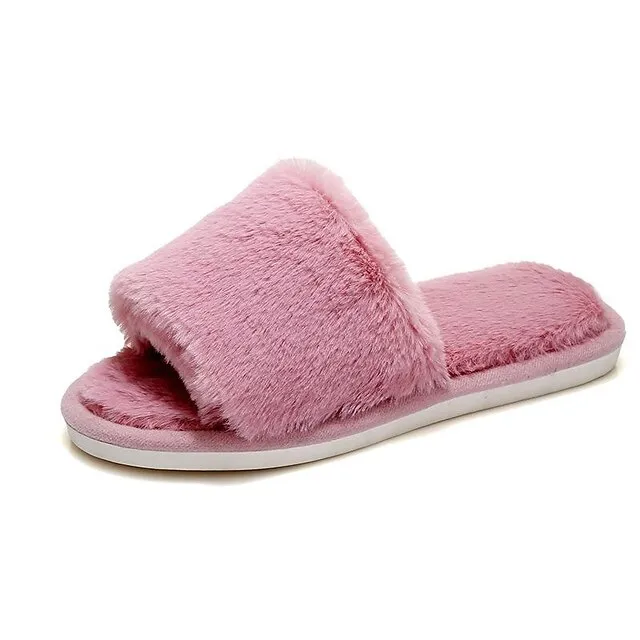 Women's Slippers Furry Feather Fuzzy Slippers Fluffy Slippers House Slippers Home Daily Solid Color Winter Flat Heel Open Toe Casual Comfort Minimalism Walking Suede Wine Red Black White