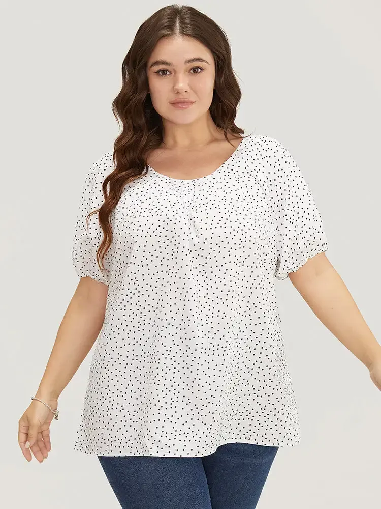Polka Dot Pleated Round Neck Puff Sleeve Blouse