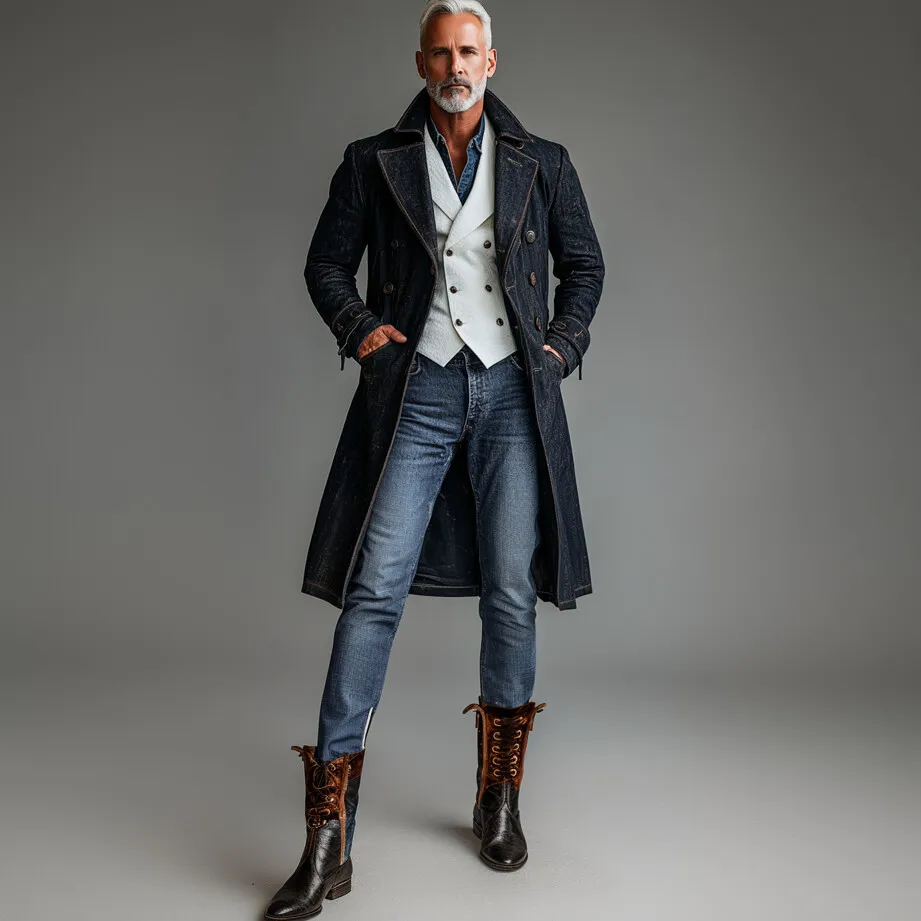 Men's Long Sleeve Double Breasted Lapel Collar Denim Trench Coat