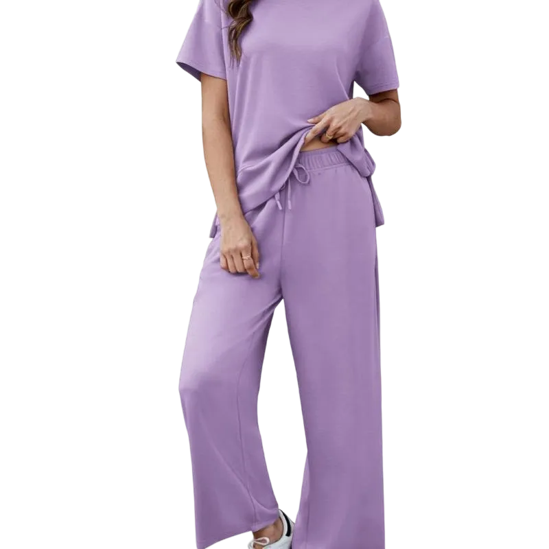 2 Piece Tracksuit for Womenswear Soft Short Sleeve Outdoor Wide Adjustable Leg Pockets Pants Lounge Matching Travel