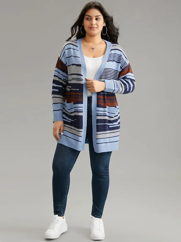 Jacquard Asymmetrical Colorblock Contrast Cardigan
