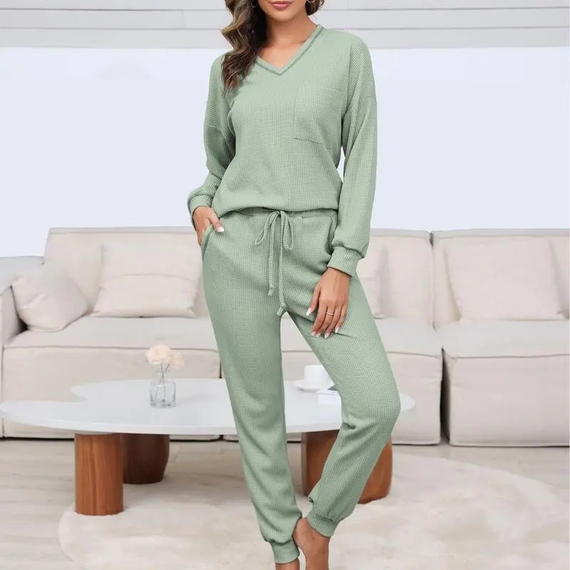 Women's Waffle Knit Lounge Set – Long Sleeve Pullover & Jogger Sweatpants
