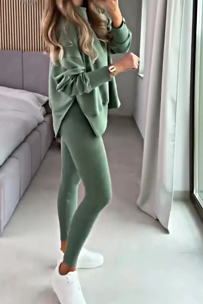 Women's solid color side slit round neck top and slim fit pants two-piece set