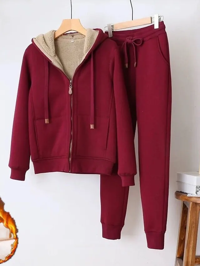 Women's Sweatshirt Tracksuit Pants Sets Black Red Blue Solid Color Zipper Drawstring Long Sleeve Sport Vacation Streetwear Sherpa Fleece Teddy Hooded Regular Fit Fall & Winter